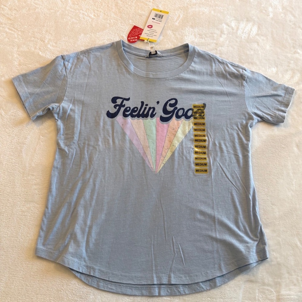 Wildfox Womens T Shirt Feelin Good Rainbow Graphic Tee Light Blue Size Medium